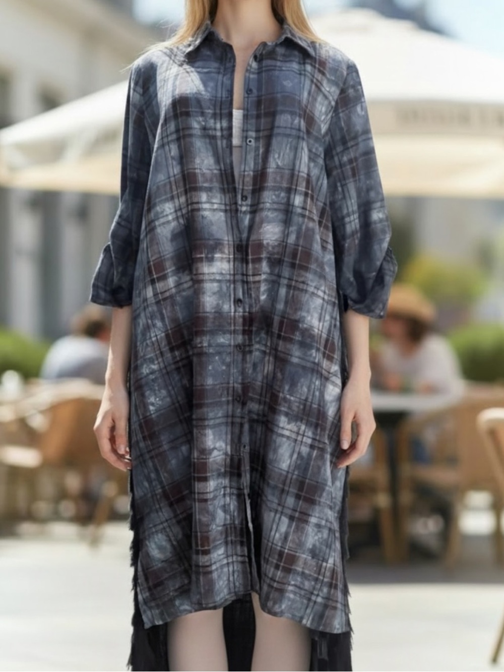 Plaid Linen Fringed Tab Sleeve Jacket Hi/Lo Lagenlook Western Boho L/XL - Picture 2 of 10